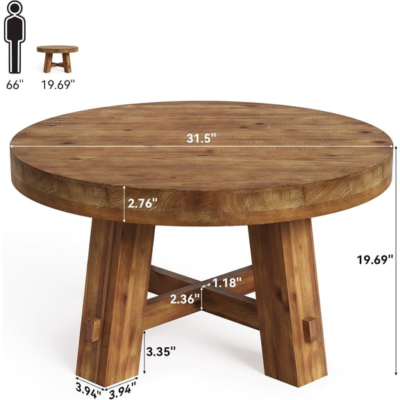 31.5-Inch Round Coffee Table Solid Wood Center Table for Living Room Apartment Small Space Brown