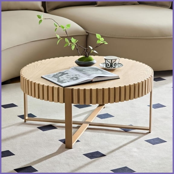 31.5 Inch Round Coffee Table for Living Room, Natural Ash Top Stainless Steel Base, Space-Saving & Easy to Clean