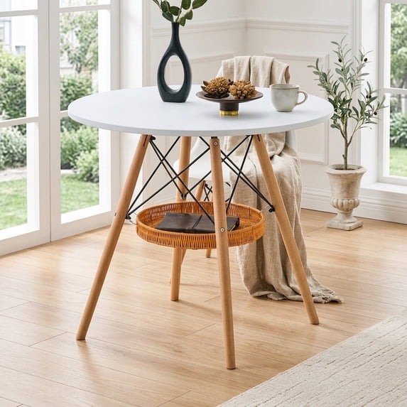 31.5-Inch Round Coffee Table with Woven Storage Basket - White MDF Top & Solid Wood Legs