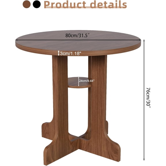 31.5 Inch Round Dining Table for 2-4, Farmhouse Circle Kitchen Dinner Table with Storage Shelf, Space Saving Bistro Table for Kitchen Living Room Cafe Office Apartment Walnut