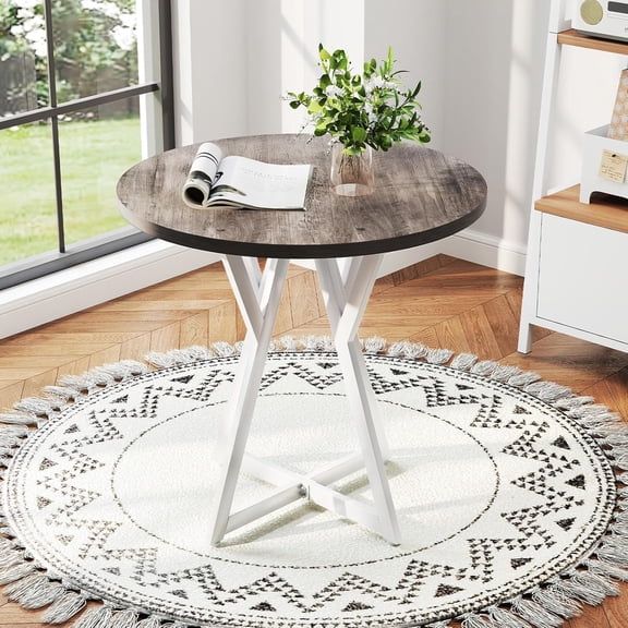 31.5 Inch Round Dining Table for 2-4, Rustic Kitchen Table with Thick Wooden Tabletop and Metal Base, Circle Dinner Table for Dining Room, Living Room, Small Space, Gray Oak & White