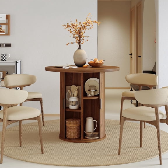 31.5 Inch Round Dining Table for 2, Versatile Two-Person Kitchen Table with Half-Open Storage Shelf & Sliding Door, Modern Farmhouse Circle Dinner Table for Dining Room, Living Room, Walnut