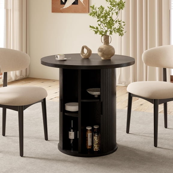 31.5 Inch Round Dining Table for 2, Versatile Two-Person Kitchen Table with Half-Open Storage Shelf & Sliding Door, Modern Farmhouse Circle Dinner Table for Dining Room, Living Room, Black