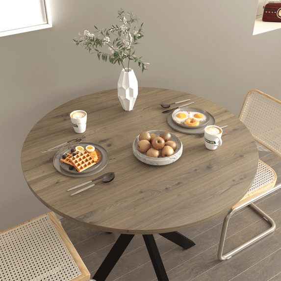 31.5 Inch Round Dining Table, Small Circle Kitchen Table with Metal Black Legs for 2-4 People, Modern Dining Room Table for Dining Room/Living Room/Parlor, Brown (Only Table)