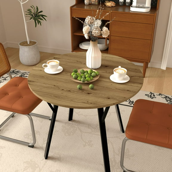 31.5 Inch Round Dining Table, Small Circle Kitchen Table with Metal Black Legs for 2-4 people,Modern Dining Room Table, Brown (only table)