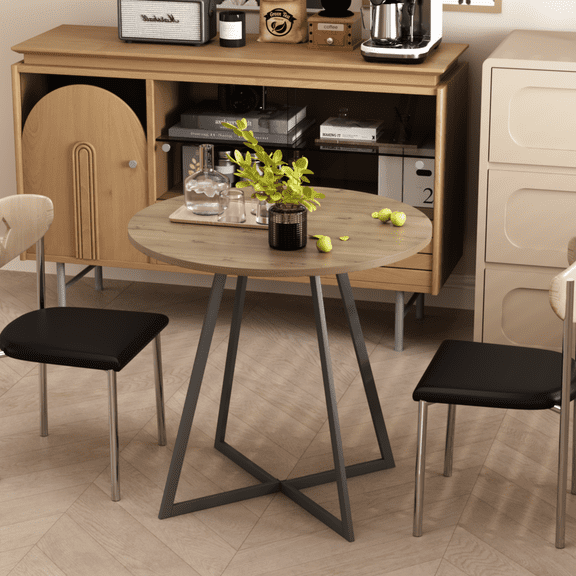 31.5 Inch Round Dining Table, Small Circle Kitchen Table with Metal Black Legs for 2-4 people,Modern Dining Room Table, Brown