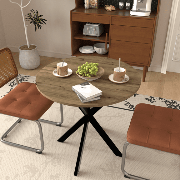 31.5 Inch Round Dining Table, Small Circle Kitchen Table with Metal Black Legs for 2-4 people,Modern Dining Room Table, Brown