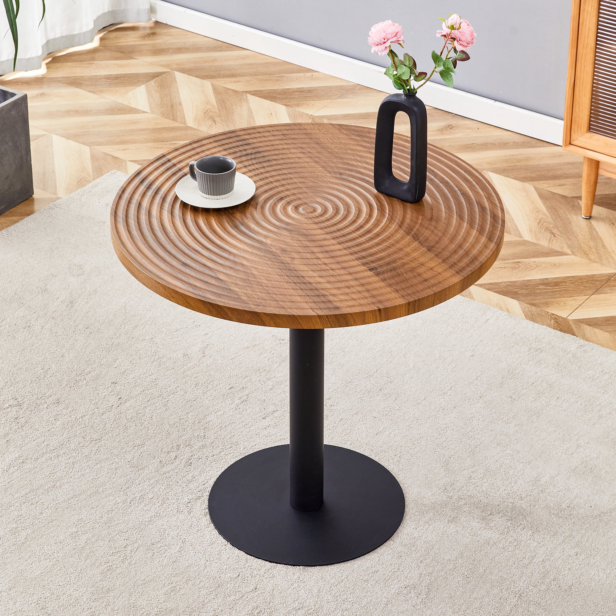 31.5 Inch Round Dining Table, Small Modern Dining Table with Dark Wood Grain Top & Black Metal Pedestal Base, MDF Kitchen Table for Dining Room, Apartment, Breakfast Nook, Compact Space