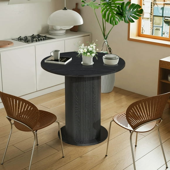 31.5 Inch Round Dining Table Wood for 2, Modern Farmhouse Kitchen Table with Wood Strip Base for Kitchen Living Room, Black