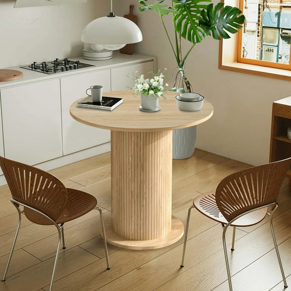 31.5 Inch Round Dining Table Wood for 2, Modern Farmhouse Kitchen Table with Wood Strip Base for Kitchen Living Room, Oak