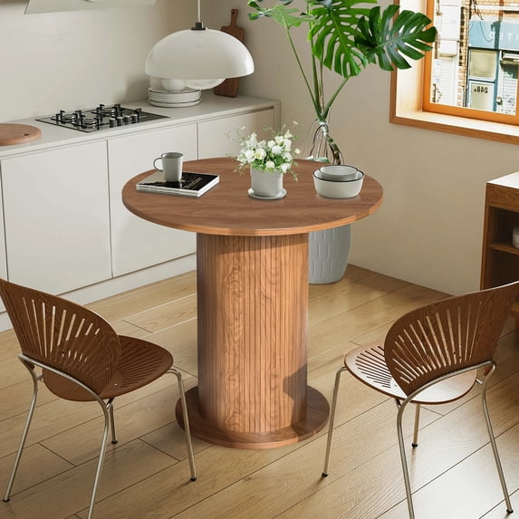 31.5 Inch Round Dining Table Wood for 2, Modern Farmhouse Kitchen Table with Wood Strip Base for Kitchen Living Room, Walnut