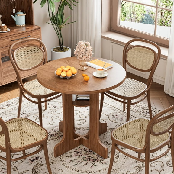 31.5 Inch Round Dining Table for 2-4, Modern Kitchen Table with Storage Shelf, Small Dining Room Table for Living Room, Walnut