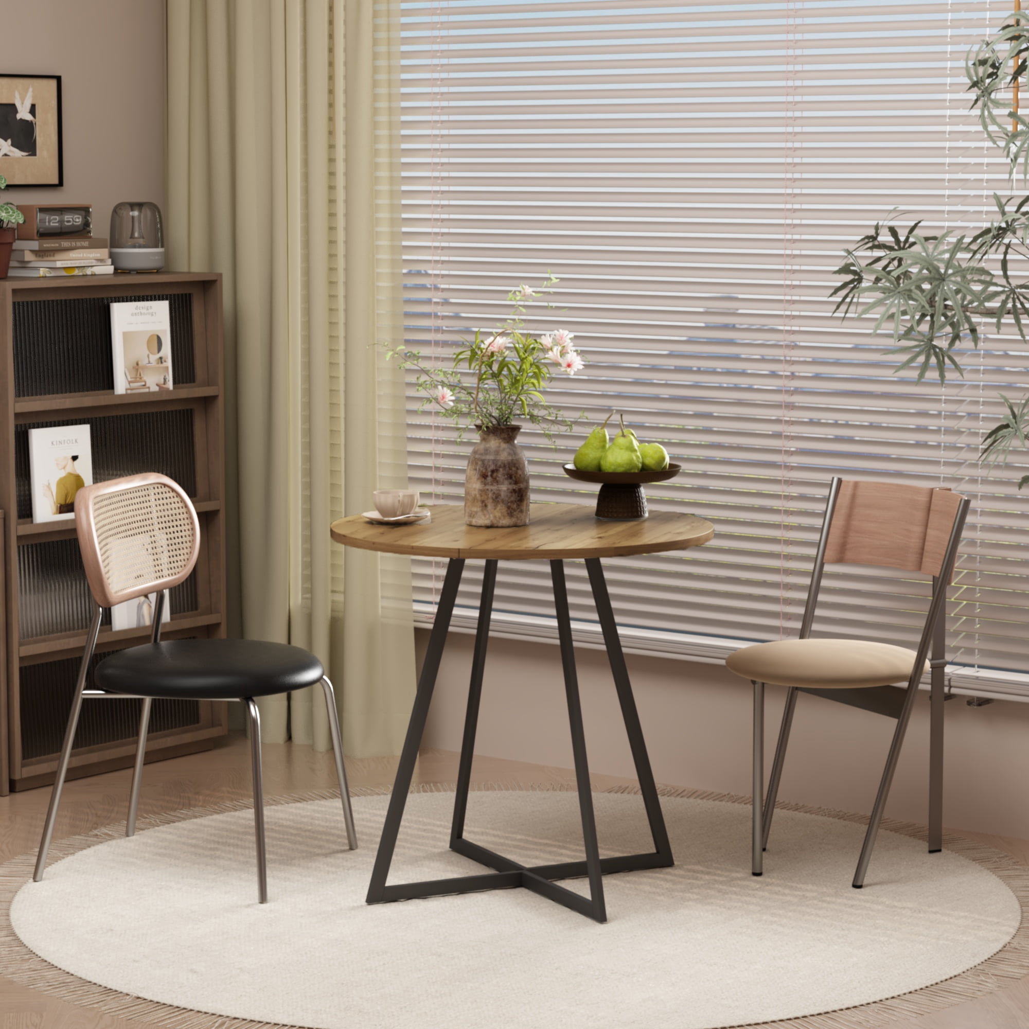 31.5-Inch Round Dining Table with Black Metal Legs, Small Kitchen Table and Breakfast Table for 2-4 People, Brown