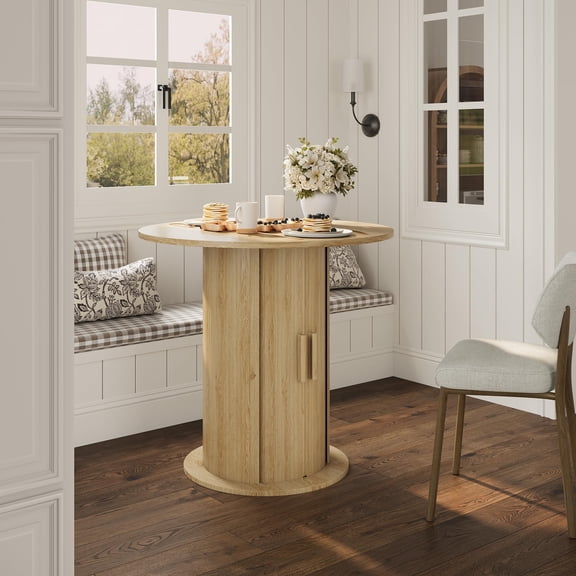31.5 Inch Round Dining Table with Hidden Sliding Door Storage Cabinet,Wood Grain Kitchen Table Seats 2–4 for Apartment Breakfast Nook