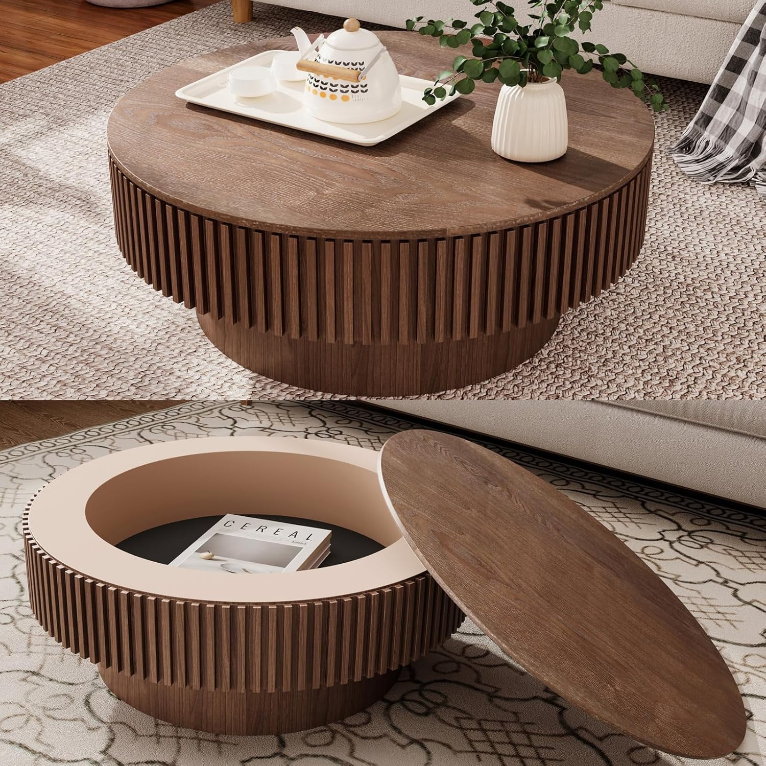 31.5 Inch Round Drum Coffee Table with Storage, Handcraft Fluted Drum ...