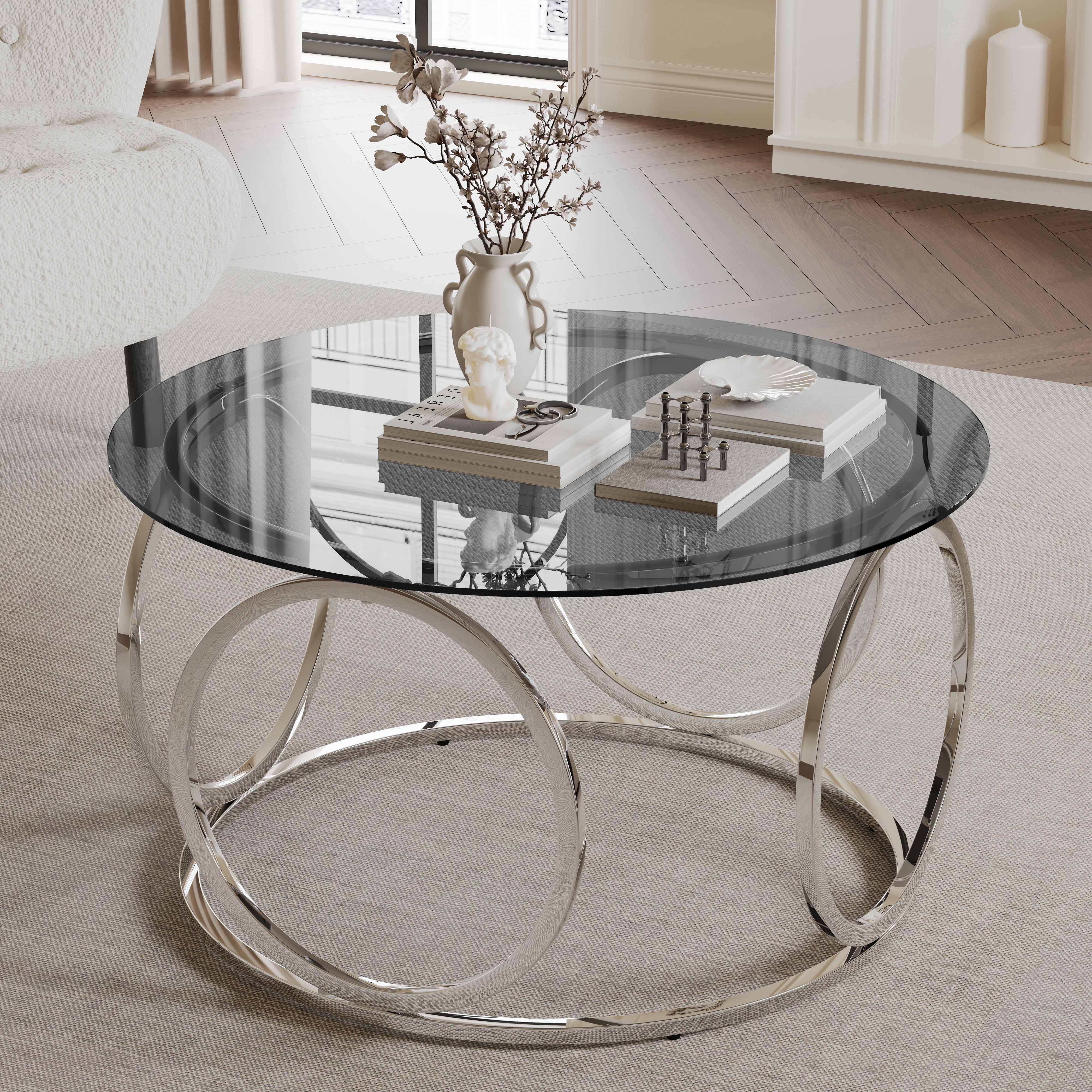 31.5 Inch Round Gray Glass Coffee Table, Circular Chrome Metal Frame ...