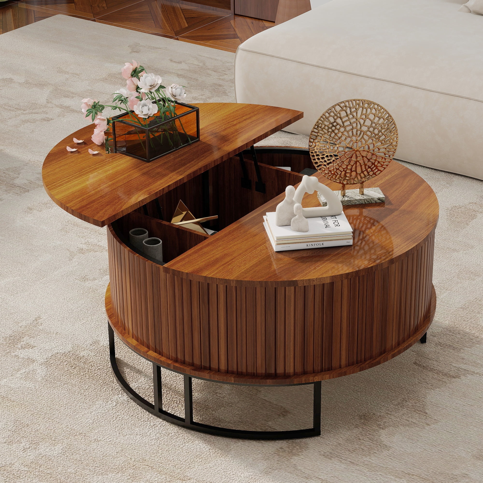 31.5-Inch Round Lift-Top Coffee Table with Fluted Design and Hidden Storage, Mid-Century Flip-Top Center Table and Storage Chest for Living Room, Walnut