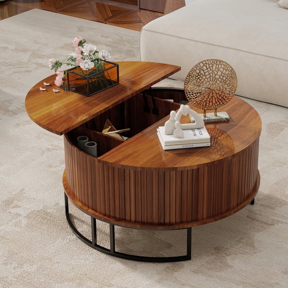31.5-Inch Round Lift-Top Coffee Table with Fluted Design and Hidden Storage, Mid-Century Flip-Top Center Table and Storage Chest for Living Room, Walnut