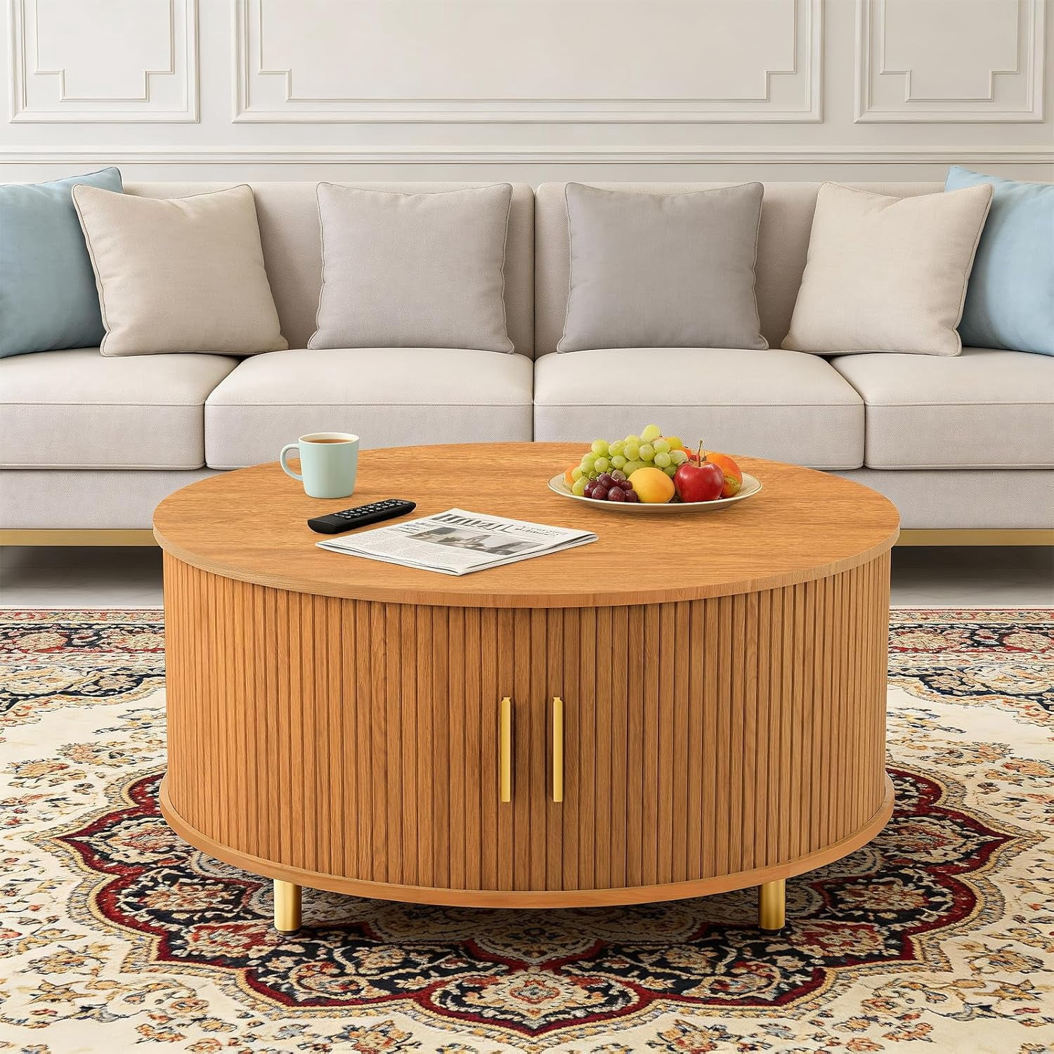 31.5-Inch Round Mid-Century Modern Coffee Table with 360° Sliding Tambour Door, Fluted Design, Storage, Adjustable Footpads, Yellow Walnut