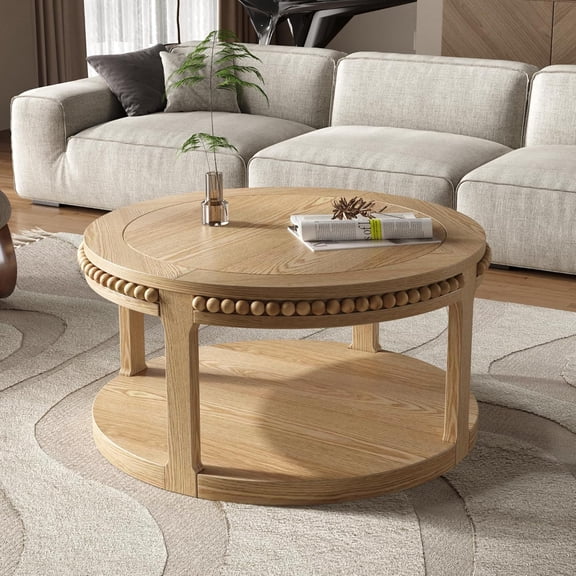 31.5 Inch Round Solid Wood Coffee Table, Two-Tier Design with Beaded Trim, 100 LBS Capacity per Shelf, Center Table Round Coffee Table for Living Room Apartment ,Natural Wood