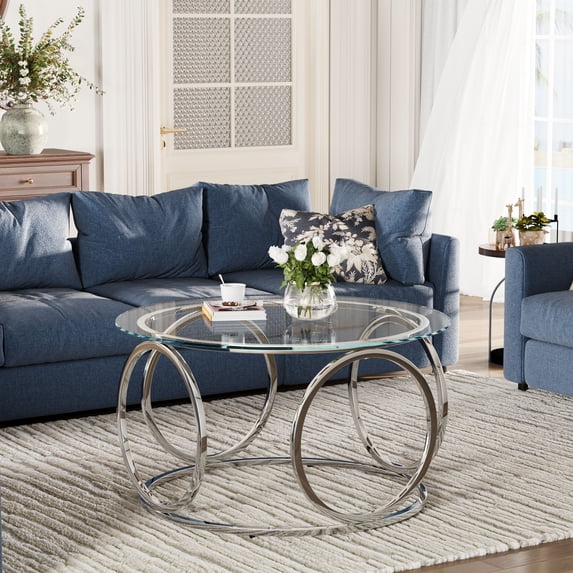31.5 Inch Round Tempered Glass Coffee Table with Chrome Metal Frame ...