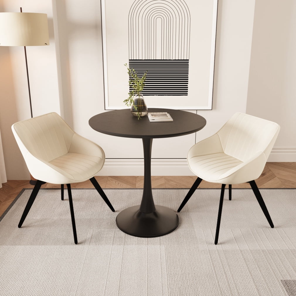 31.5 Inch Round Tulip Dining Table with 2 PU Leather Chairs Black Metal ...