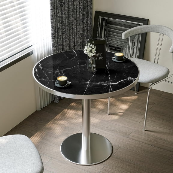 31.5-Inch Round Tulip Pedestal Dining Table with Sintered Stone Top and Silver Base, for 2-4 Persons, Black Marble Vein