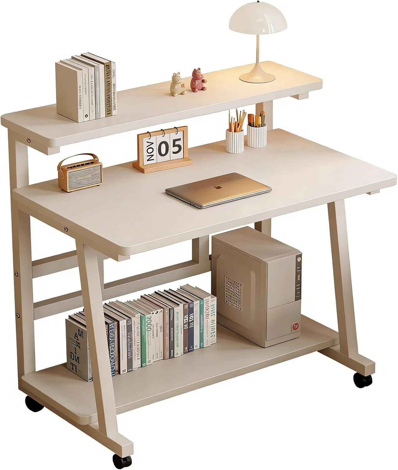 31.5 Inch Small Desks with 3-Layer Storage & Monitor Stand, Compact Home Office Desk, Portable Laptop Table with Wheels for Small Spaces, Mobile Rolling Computer Work Desks