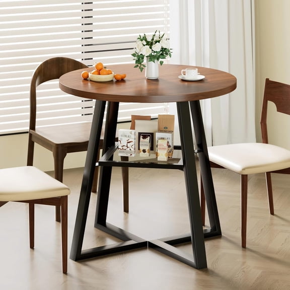 31.5 Inch Small Round Dining Table for 2-4, Space Saving Circle Kitchen Table with Storage, Mid Century Modern Dinner Table with Metal Legs, Wooden Farmhouse Dining Room Table for Living Room, Walnut