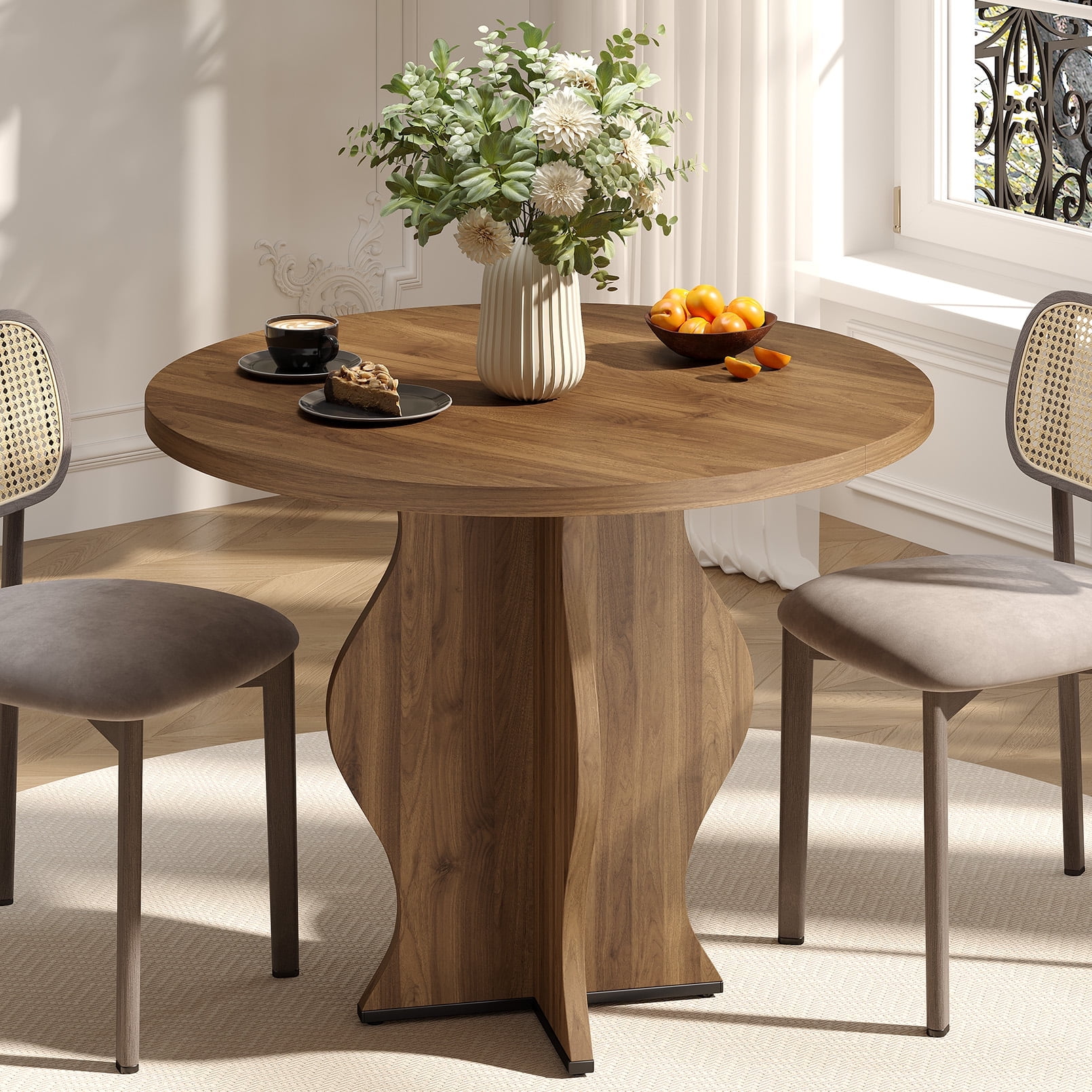 31.5 Inch Small Round Dining Table for 2, Modern Farmhouse Wood Kitchen Table, Rustic Walnut Circle Dining Room Table with Pedestal Base for Kitchen and Dining Room Furniture