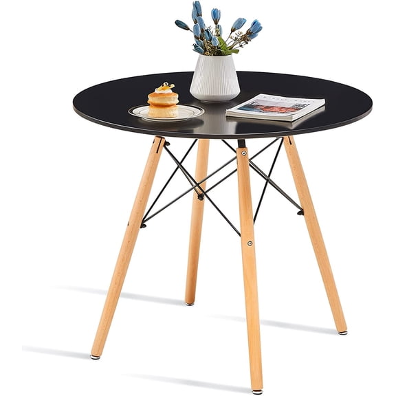 31.5 Inch Small Round Dining Table for 4 People Kitchen Home Modern Leisure Wood Legs Table Black