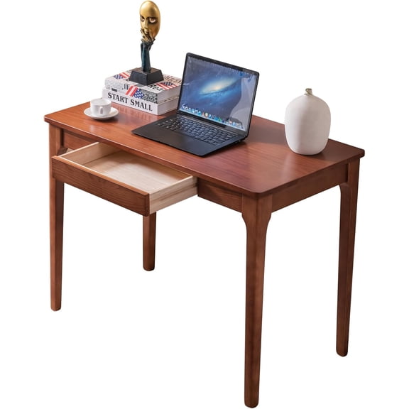 31.5-Inch Solid Wood Desk with Drawers, Cherry Finish Computer Desk for Small Spaces or Bedroom