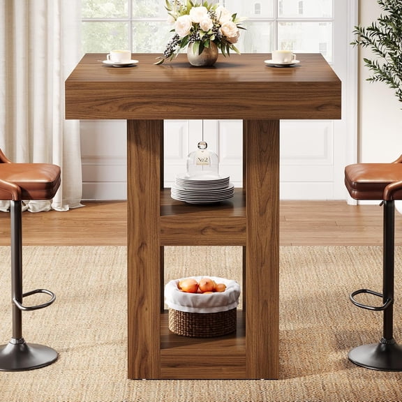 31.5-Inch Square Bar Table with 3-Tier Storage Shelves for Pub Kitchen Living Room Small Space Walnut