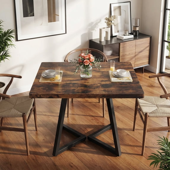31.5 Inch Square Dining Table, Industrial Style Small Kitchen Table With Sturdy Black Metal Base, Space-Saving Dinner Table For 2-4 People, Brown Finish For Rustic Home Decor