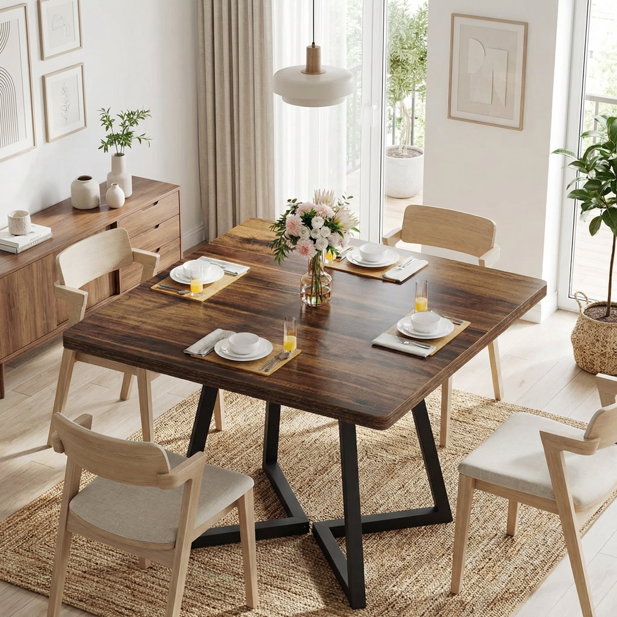 31.5 Inch Square Dining Table, Industrial Style Small Kitchen Table With Sturdy Metal Base, Space-Saving Dinner Table For 2-4 People, Brown Finish For Modern & Rustic Decor