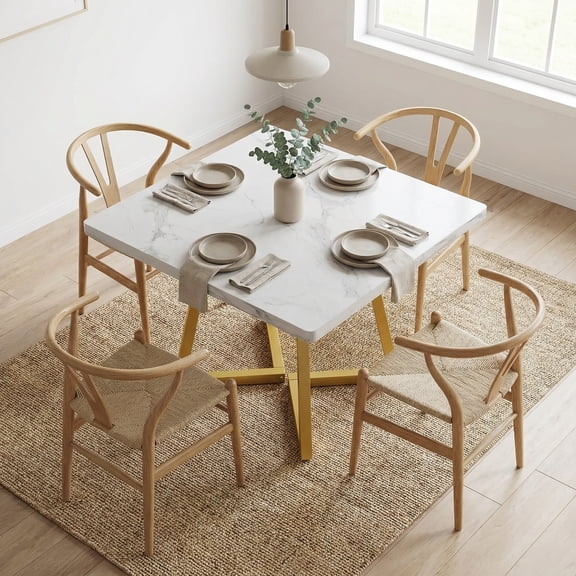 31.5 Inch Square Dining Table, Industrial Style Small Kitchen Table With Sturdy Metal Base, Space-Saving Dinner Table For 2-4 People, White & Gold Finish For Elegant Home Decor