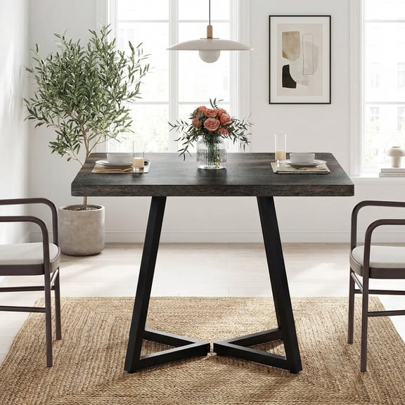 31.5 Inch Square Dining Table, Vintage Industrial Style Small Kitchen Table With Sturdy Black Metal Base, Space-Saving Dinner Table For 2-4 People, Vintage Black Finish