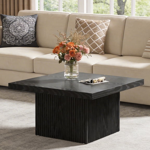 31.5 Inch Square Fluted Coffee Table Mid Century Modern Living Room Cocktail Table Easy Assembly Waterproof Scratch Resistant (Black)