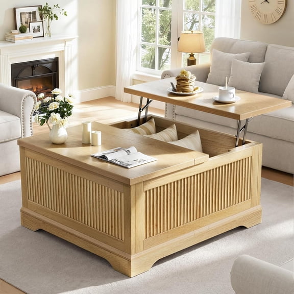 31.5-Inch Square Natural Oak Lift Top Coffee Table with Fluted Design and Hidden Compartment, Modern Farmhouse Center Table