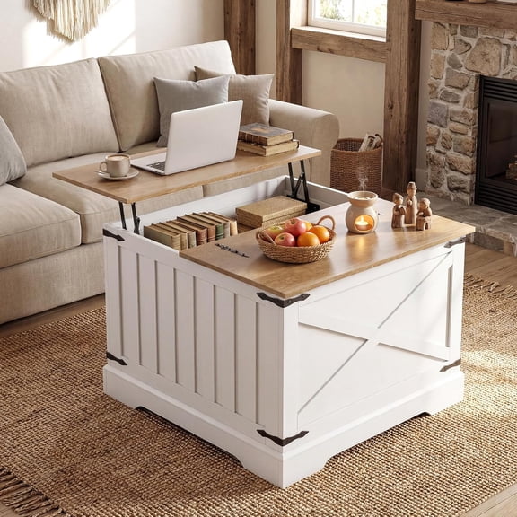 31.5-Inch Square Oak Farmhouse Lift Top Coffee Table with Large Hidden Storage, Rustic Center Table for Living Room