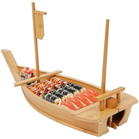 Wooden Sushi Boat Serving Tray, 31.5 Inch Bamboo Tray with Rounded Corners & Solid Metal Rivets (Anti-Leak), Large Sushi Plate for Restaurant, Home, Parties & Buffets, Log Color