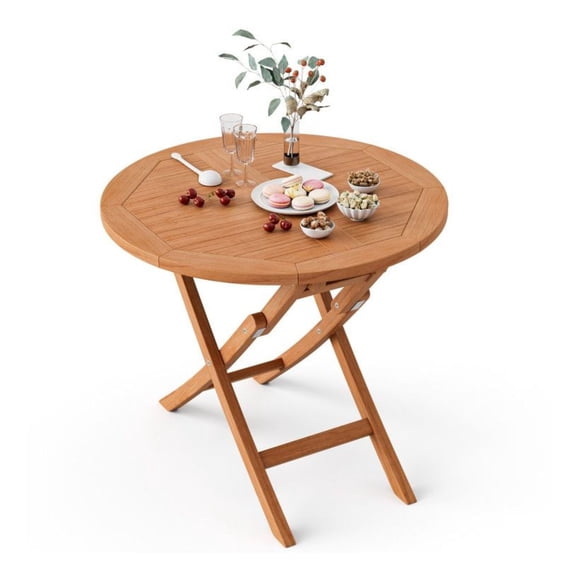 31.5 Inch Teak Wood Folding Coffee Table - Round Patio Outdoor Table - Natural Finish - Space Saving Design - 220lbs Capacity