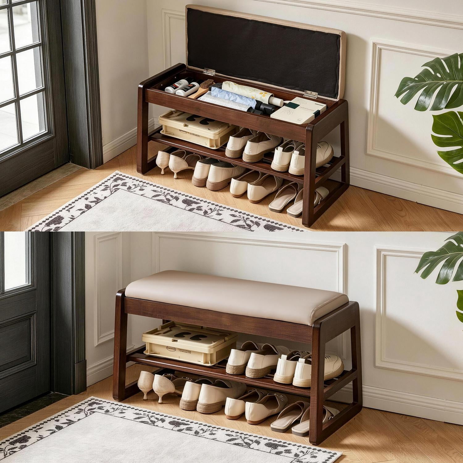 31.5-Inch Wood Shoe Storage Bench with Off-White Vegan Leather Seat and Lift-Top Hidden Storage, Compact Shoe Rack and Entryway Organizer for Bedroom, Off White