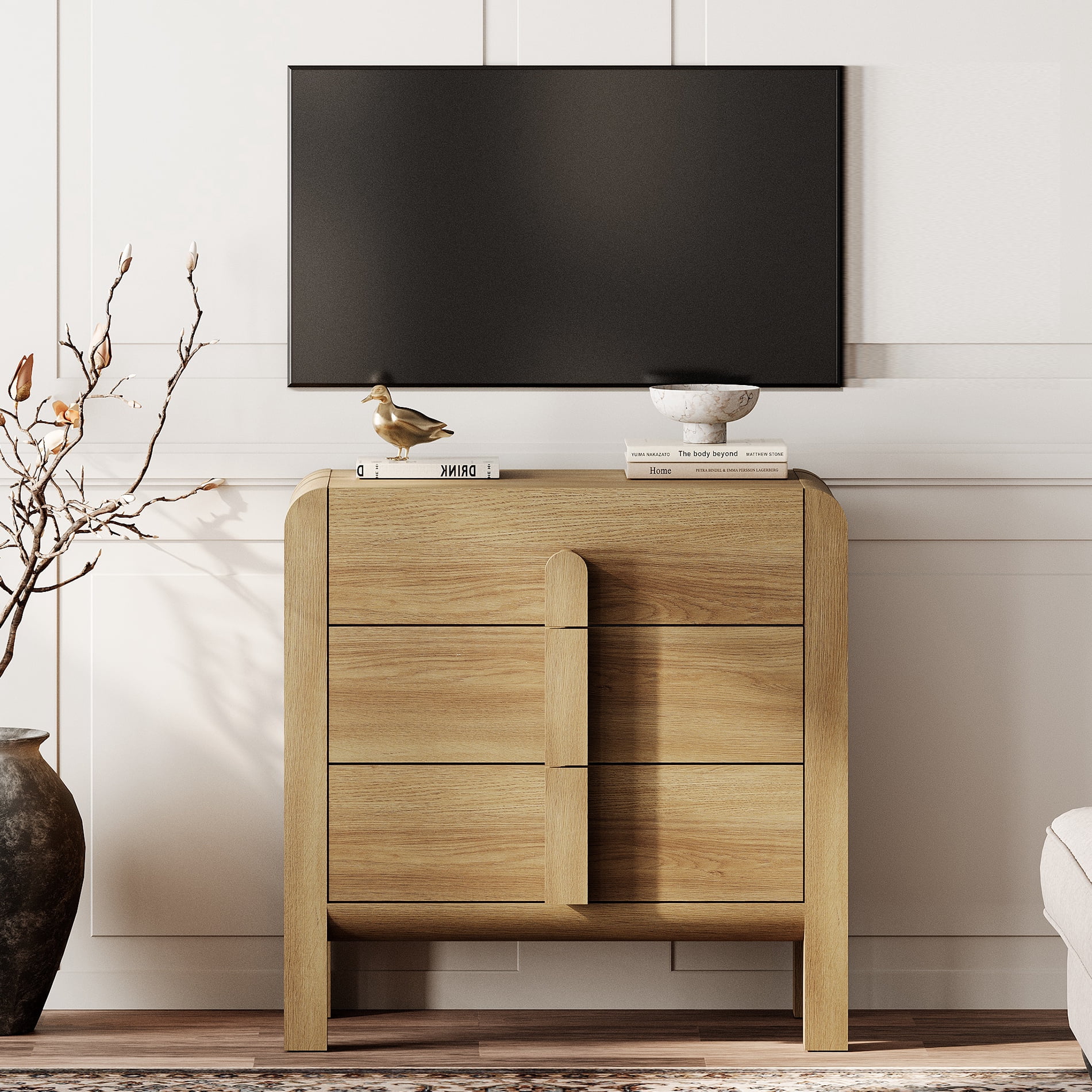 31.5 Inches Curved Dresser TV Stand, Mid Century Modern Entertainment Center, Wooden TV Console with Storage for Living Room,Bedroom