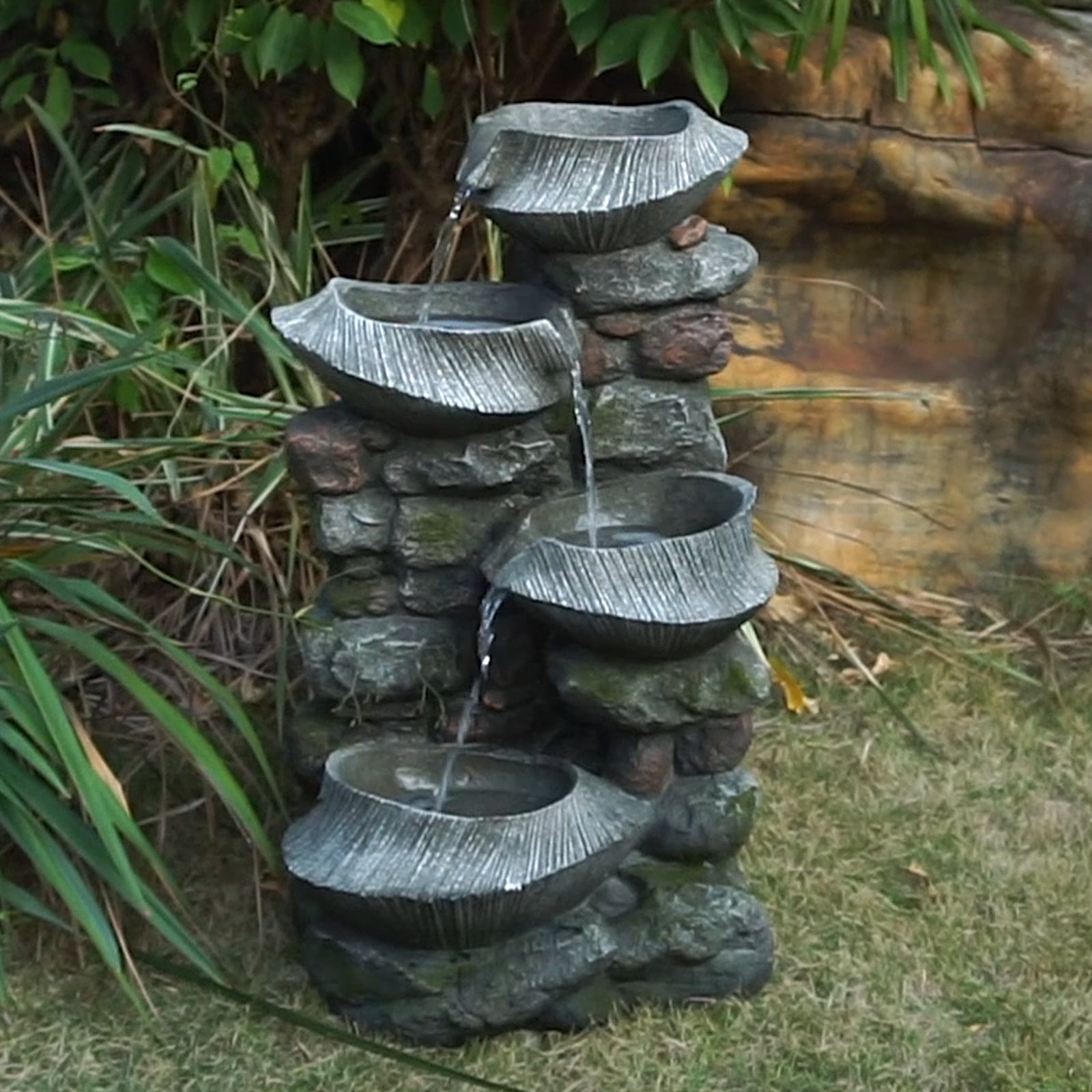 31.5" Indoor Outdoor Stone Water Fountain, 4-Tier Polyresin Cascading Rock Bowl Freestanding Fountain with LED Ligh