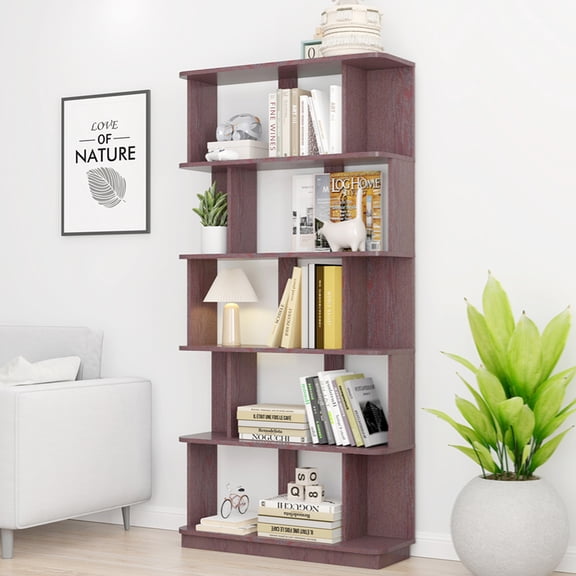 31.5" L x 64.56" H Free Combination Bookshelf Modern 5-Tier Open Storage Bookcase MDF Wood Display Shelving for Living Room Home Office Bedroom Decor Organizer, Media Storage Shelves, Red