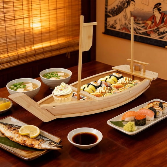 31.5" Large Bamboo Sushi Boat Serving Tray  Elegant Log Color, Eco-Friendly, Spacious Design for Sushi, Sashimi, and More  Ideal for Parties & Restaurants