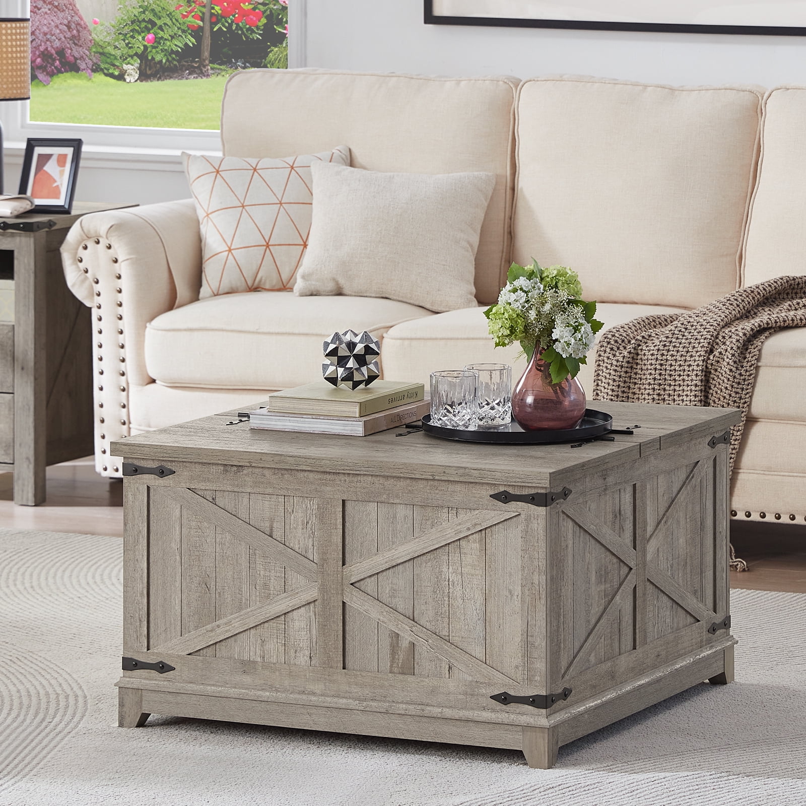 31.5" Large Farmhouse Lift Top Coffee Table, Square Living Room Table with Large Hidden Storage, Multi-Function Lift Wooden Barn Door Center Table, Grey Oak