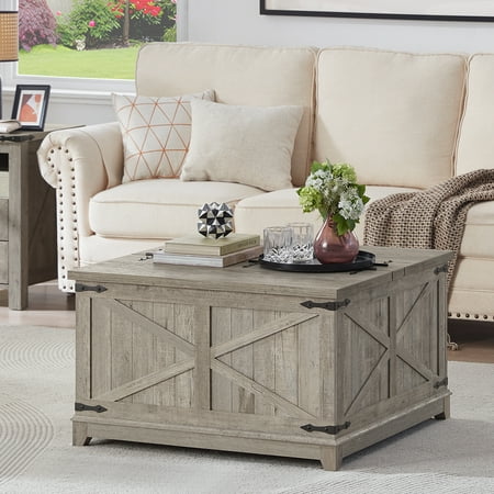 31.5" Large Farmhouse Lift Top Coffee Table, Square Living Room Table with Large Hidden Storage, Multi-Function Lift Wooden Barn Door Center Table, Grey Oak