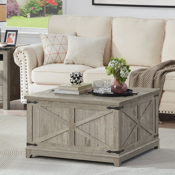31.5" Large Farmhouse Lift Top Coffee Table, Square Living Room Table with Large Hidden Storage, Multi-Function Lift Wooden Barn Door Center Table, Grey Oak